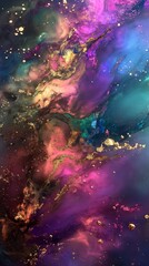 An abstract painting featuring iridescent gold and purple hues with shifting colors and shimmering effects