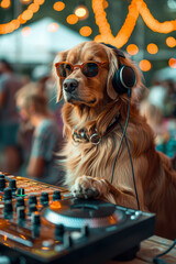 Dog DJ Wearing Sunglasses and Headphones at Party
