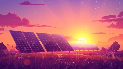 solar panels harnessing sustainable energy under vivid sunset ecofriendly technology illustration