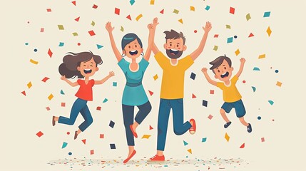 Online party concept. Man and woman with kid dancing together. Video call in social networks. Event, holiday and festival on internet. Cartoon flat vector illustraton isolated on beige background