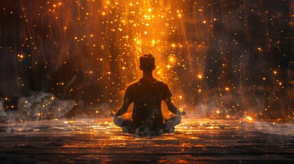 Obraz premium A man is sitting in a pool of water with a lot of smoke and fire around him