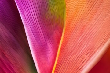 Close-up of Bird of Paradise Petal, Color Gradients, Fine Lines, Macro Photography, Floral Details, Vibrant Pink, purple, green and Orange Flower, High Resolution
