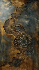Intricate metal panel art featuring embossed circular patterns and curved design in rustic hues