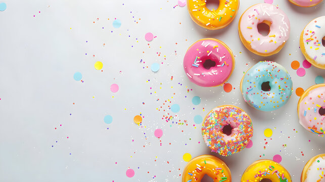 Horizontal banner featuring colorful donuts covered with icing and confetti on a light gray background, celebrating National Donut Day with free space for text.... - Powered by Adobe