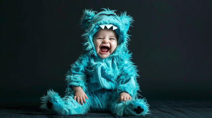A giggling infant in a turquoise, fuzzy monster outfit sits on the floor, mouth wide open in laughter.
