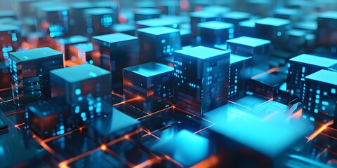 Futuristic Cityscape Architectural Abstract with Geometric Patterns and Cubes in Vibrant Blue and Red Tones