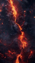 Dynamic lava flow with lightning-inspired textures during a dramatic nighttime volcanic eruption