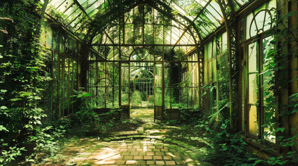 An abandoned dilapidated overgrown greenhouse