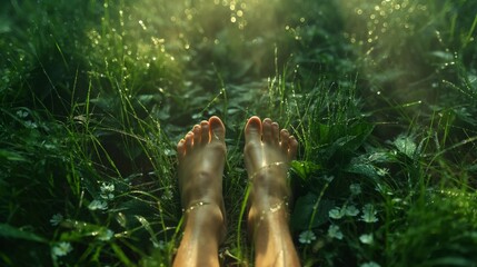 Close-up shot of woman's feet in misty tiny green grass. The feet is in focus and in center. There is sunlight falling on her feet and grass.