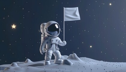 A cheerful 3D cartoon astronaut planting a flag on a small moon surface, with stars