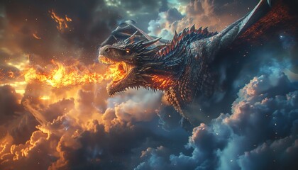 dramatic long shot of an enraged dragon breathing fire amidst a stormy sky, using hyper-realistic digital rendering techniques