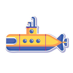 Yellow Submarine with periscope on white background. Underwater Sea research transport  in flat style. Childish toy vector illustration. Suited for children coloring book, print, education, element