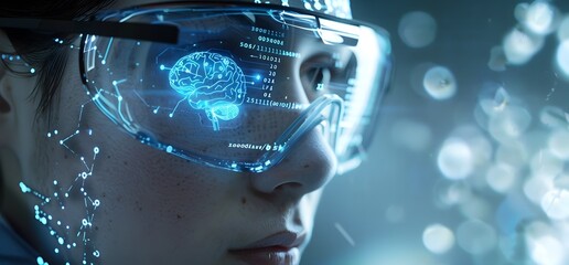 Brain interface technology of the future showcasing a digital hologram display with an advanced system processing complex data visualizations