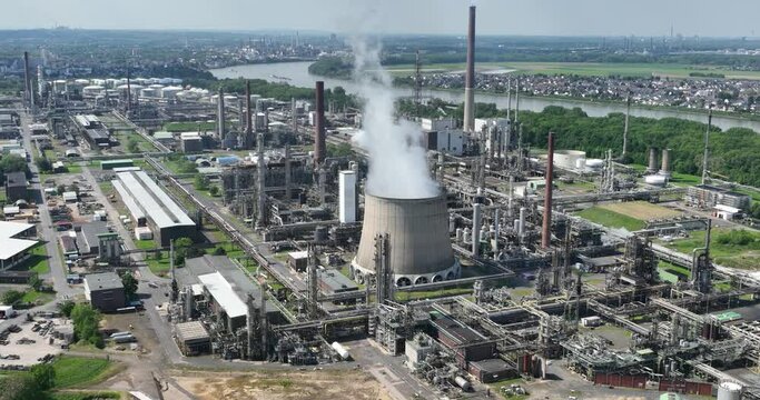 Oil refinery in Wesseling, Germany. Petrochemical industry. Birds eye view.