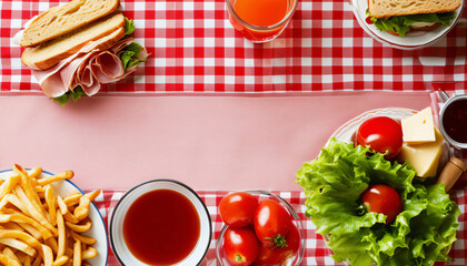 A table seen from above, displaying a selection of snack essentials, with an empty central space designated for text.