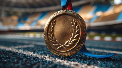 Athlete medal, sports award with ribbon, winner prize, 