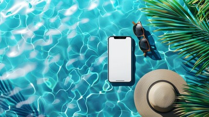 Mobile phone mockup with white blank screen laying on the blue water 