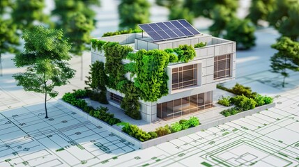 sustainable green building practices in architectural blueprints ecofriendly construction planning digital concept illustration