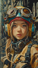 Fototapeta premium A beautiful portrait of a young steampunk girl with freckles, brown hair, and brown eyes. She is wearing a yellow jacket, red beanie, and goggles.