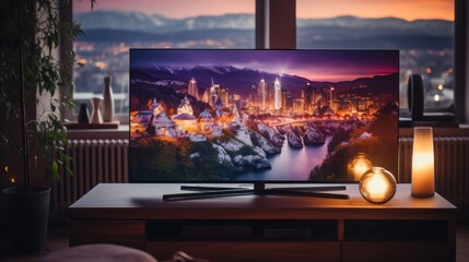 Modern entertainment system with a vivid cityscape on the screen, situated in a cozy room during the evening