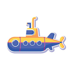 Yellow Submarine with periscope on white background. Underwater Sea research transport  in flat style. Childish toy vector illustration. Suited for children coloring book, print, education, element