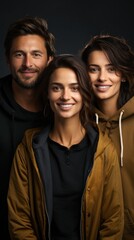 Fototapeta premium Portrayed against a dark background, three friends smile with a confident and casual pose