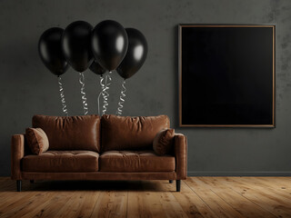 Black Friday sales banner poster with sofa couch furniture gifts and balloons design.