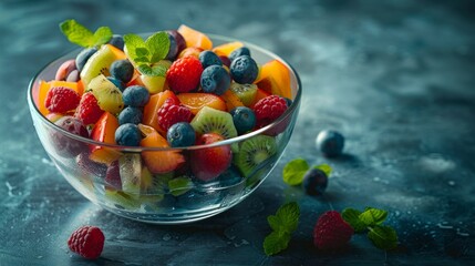 Fruit salad in a glass bowl with a variety of fresh fruits creating a vibrant and healthy look.