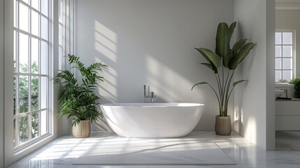 Bright and Serene Modern Bathroom with Large Windows and Green Plants