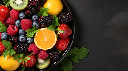 Healthy Fresh Fruit Salad in Bowl Top View Copy Space on Blurry Gray Concrete Background