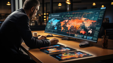 Focused individual working in a dark room, analyzing complex data visualizations on multiple digital screens