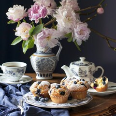 A table with a vase of flowers, a teapot, and a plate of blueberry muffins