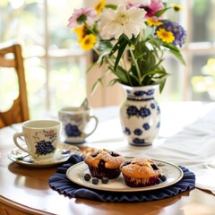 A table with a vase of flowers and two blueberry muffins
