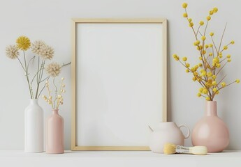 wooden vertical frame mockup on white table with colorful vases and yellow craxilly flower in pastel colors. Modern interior design