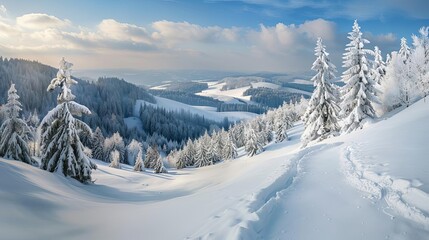 tranquil winter wonderland landscape with snowcovered trees and glistening hills nature photography