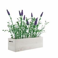 3D rendering of a wooden planter with colorful flowers on a clean white background.