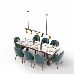 3D rendering of a modern table setting with marble top and contemporary chairs.