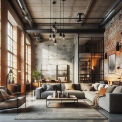 Industrial loft living room with exposed brick walls, concrete f