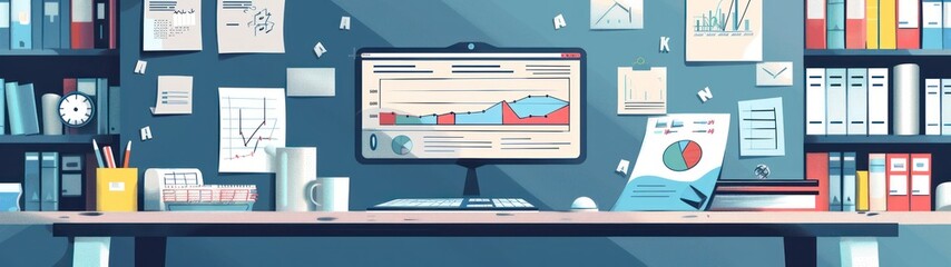 Fototapeta premium flat design for Contemporary research setup with numerous documents, digital monitor, and graphical data representations.
