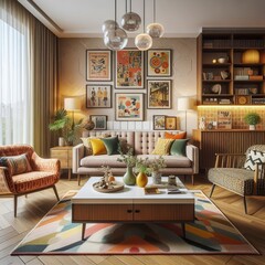 Mid century modern retro living room with vintage furniture, bol