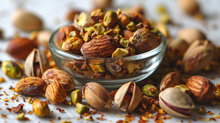Delicious Fresh Pistachios In Glass Bowl on Blurry White Background