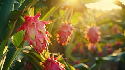 vibrant dragon fruit growing on summer plantation sunlit pitahaya tree in agricultural garden digital illustration