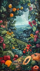 dreamlike garden landscape with oversized fruits and vegetables, intricately detailed in watercolor