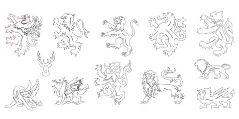 Lion & Dragon & Deer's Head With Antlers Silhouette Line art Illustration. Heraldic Design Element For Logo Or Emblem. Isolated On Transparent Background.