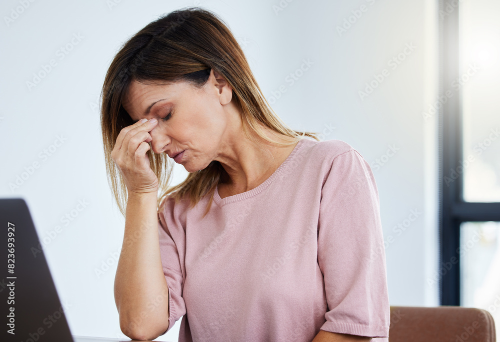 Poster headache, office and business woman with stress and anxiety from deadline and project. eye strain, b