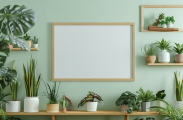 A large wood picture frame on the wall, holding an empty white poster with no text or pictures in it and different plants on shelves around it, against a light green colored background