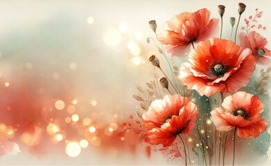 Watercolor painting of red poppies with dreamy bokeh background, evoking tranquility and elegance.