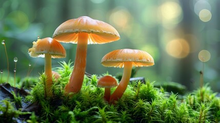 Fototapeta premium Glowing Mushrooms in Sunlit Forest with Dew-Kissed Green Moss and Soft Light