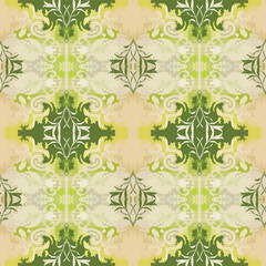 Vector geometry texture of aged baroque ornaments pattern. Classic ornaments on abstract grunge beige, yellow background.