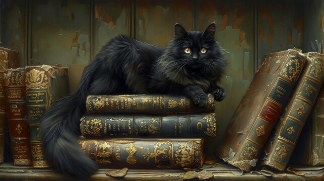 superstition symbolism, dark cat atop books symbolizes superstitions about fate and fortune, embodying the belief in mystical forces